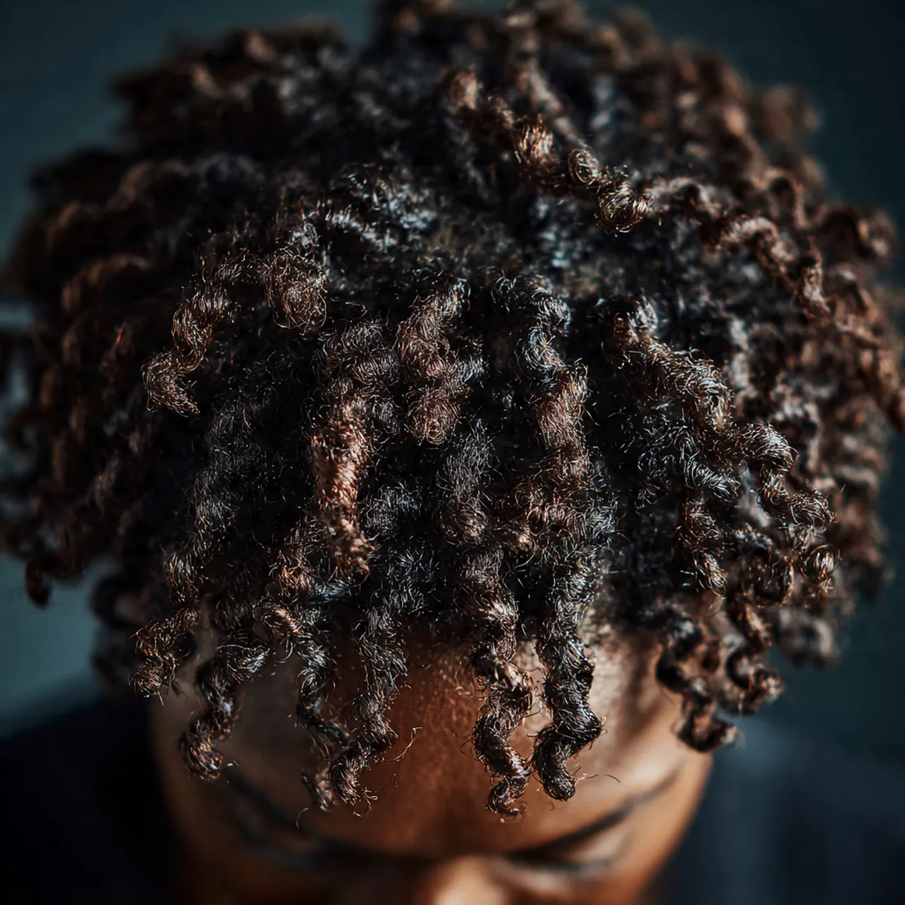 single portrait photo of defined finger coils hair