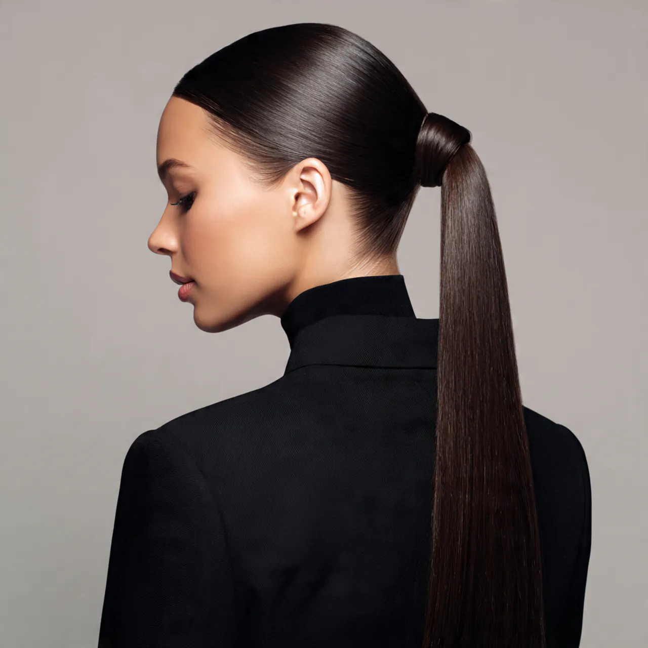 sleek low ponytail hairstyle on a woman single ima