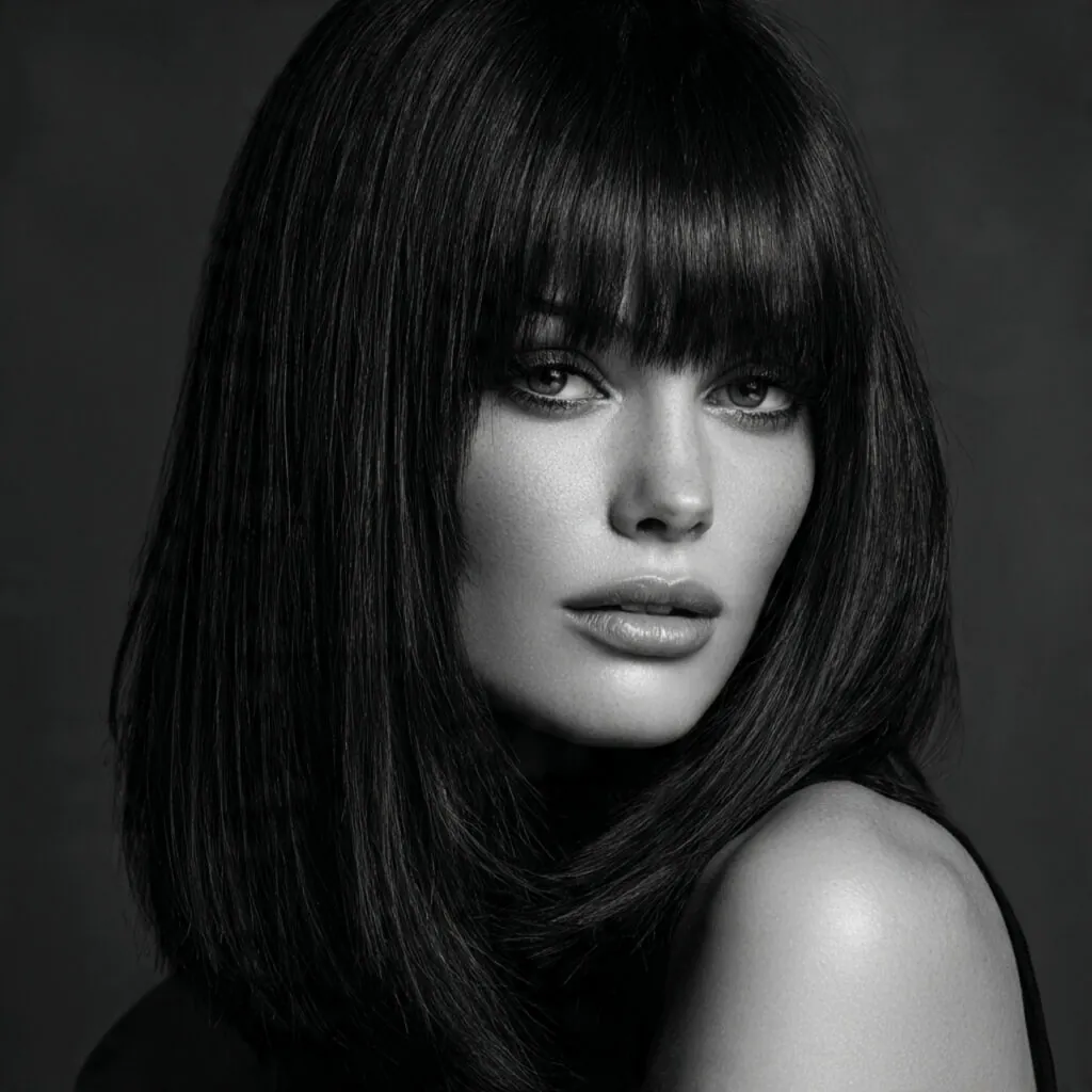 16 Wolf Cut with Bangs: Trendy Styles & Ideas 6 a single photo of a woman with a straight wolf cut