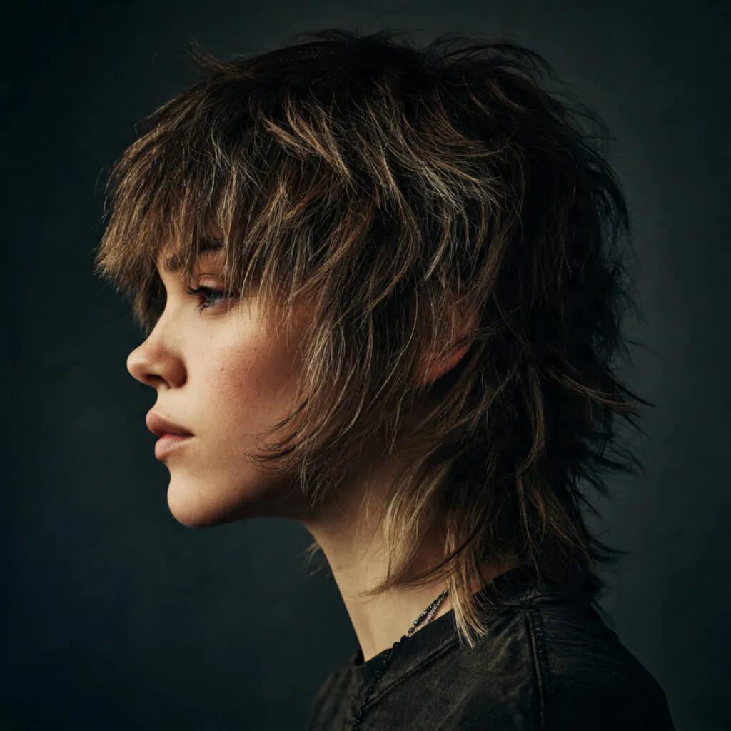 16 Wolf Cut with Bangs: Trendy Styles & Ideas 11 a single portrait of a person with a messy wolf cu
