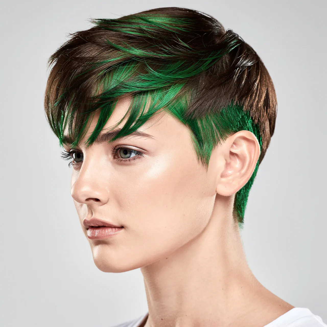 a single portrait of a person with green peekaboo