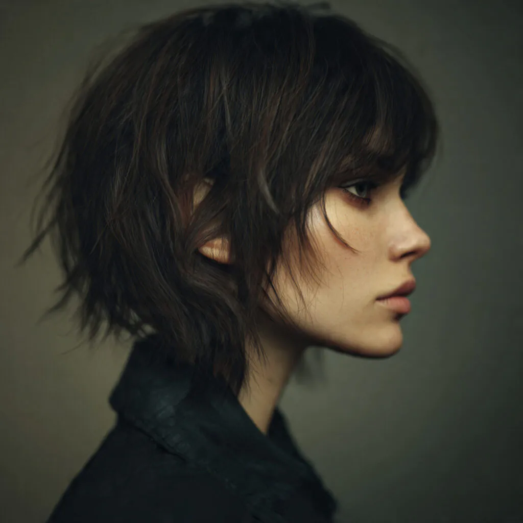 16 Wolf Cut with Bangs: Trendy Styles & Ideas 10 a single portrait photo of a person with a soft wo