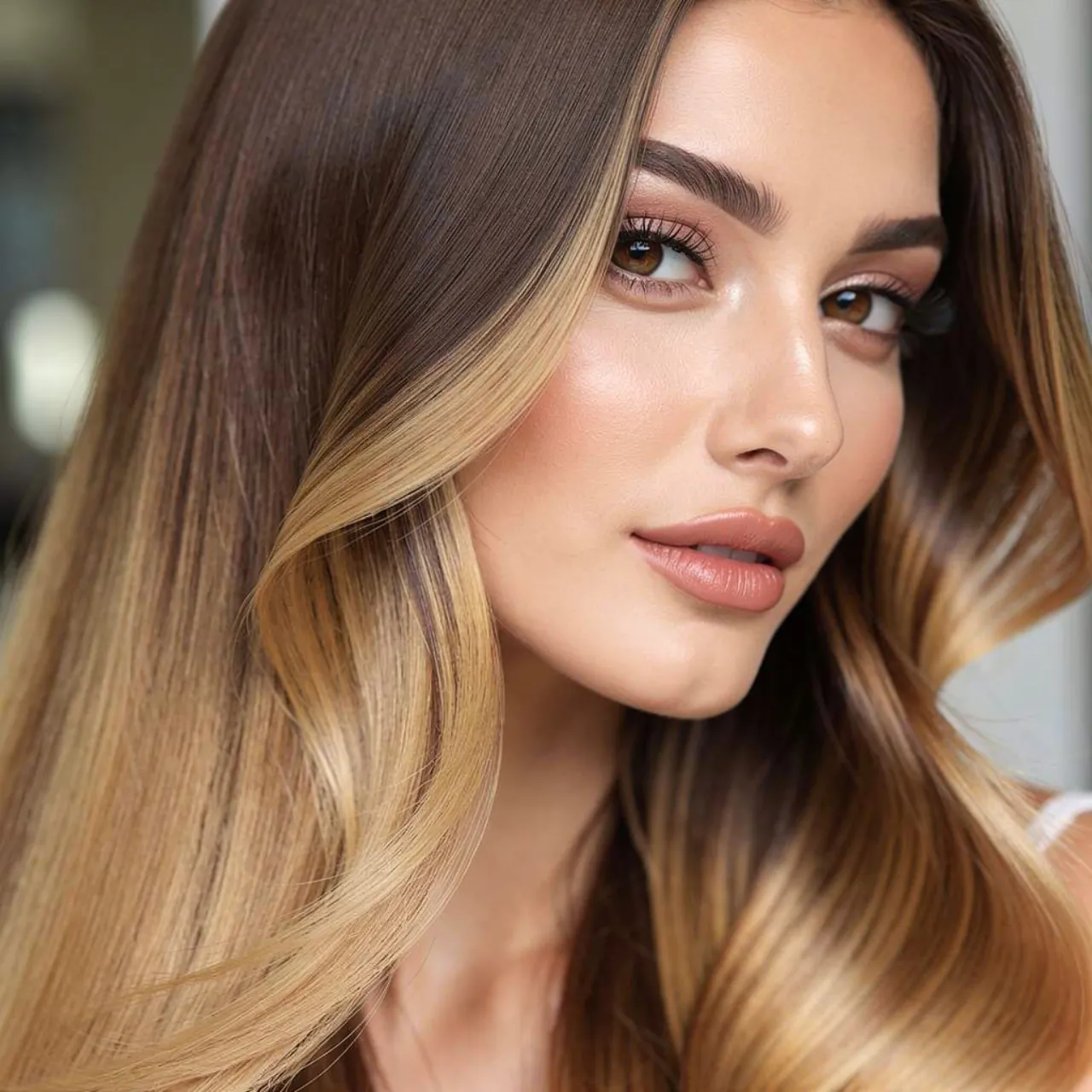 classic brown to blonde ombre hair color woman wit
