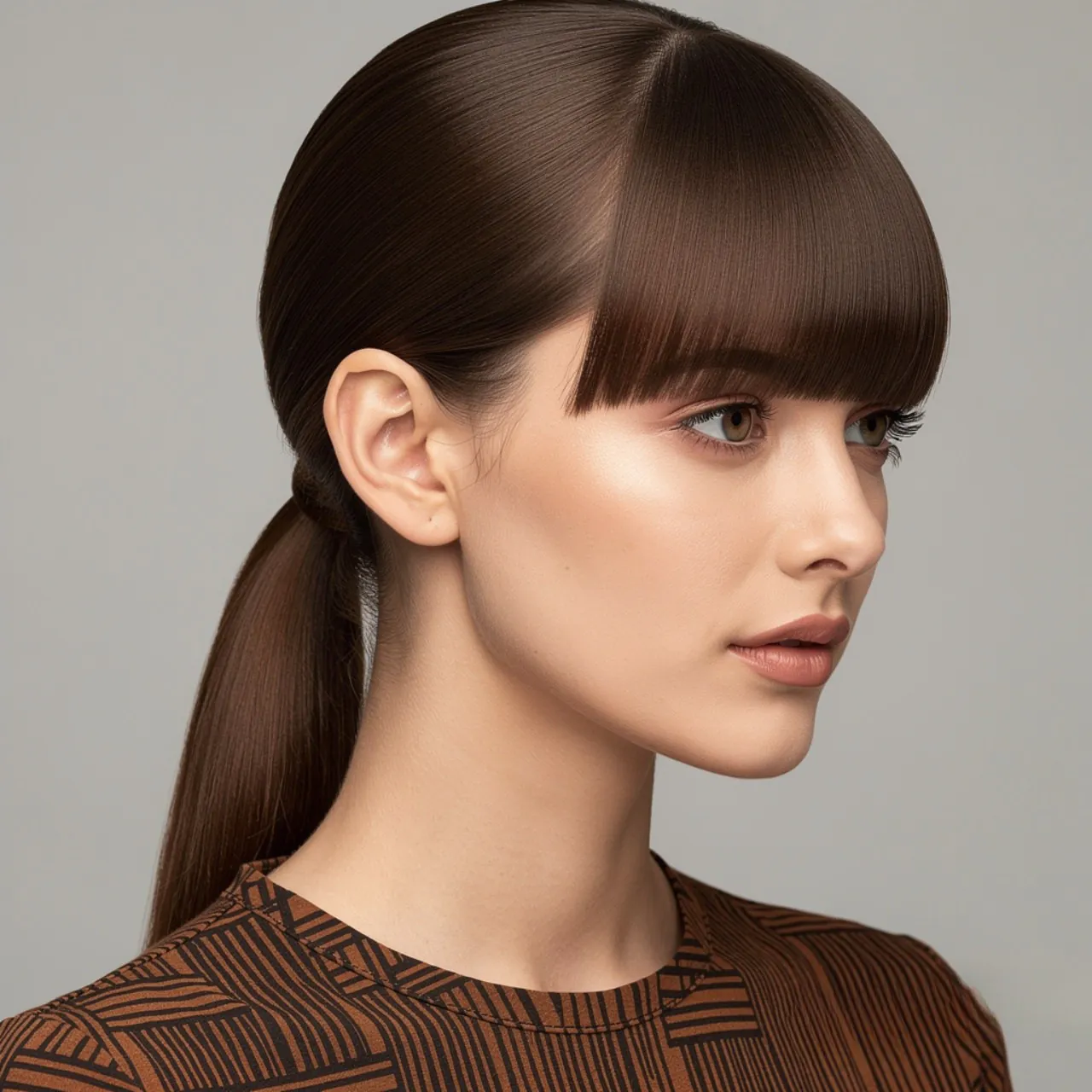 classic straight ponytail hairstyle with bangs squ