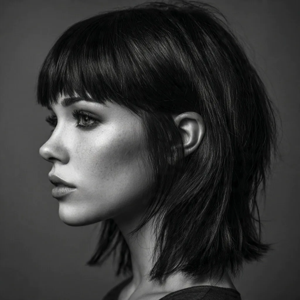 16 Wolf Cut with Bangs: Trendy Styles & Ideas 2 classic wolf cut hairstyle with bangs single portr