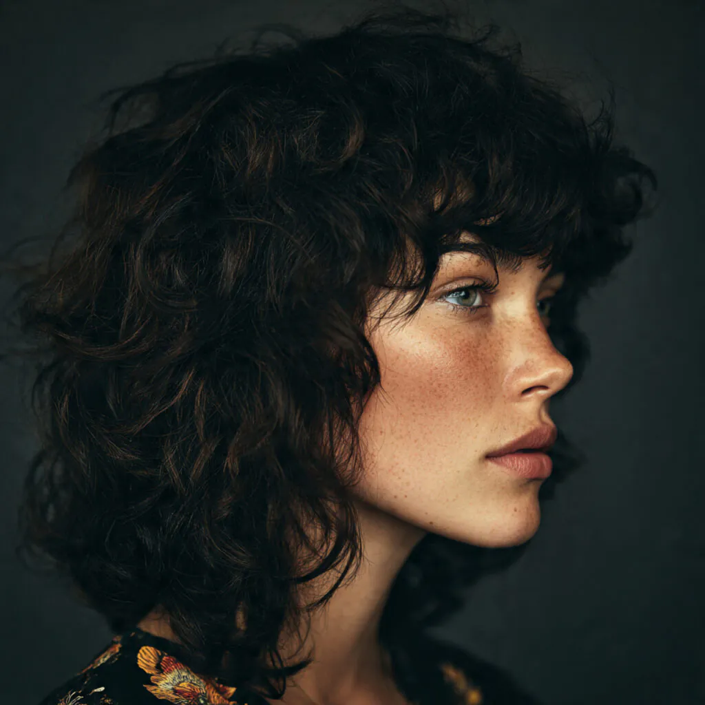 16 Wolf Cut with Bangs: Trendy Styles & Ideas 5 curly wolf cut hairstyle with bangs single portrai