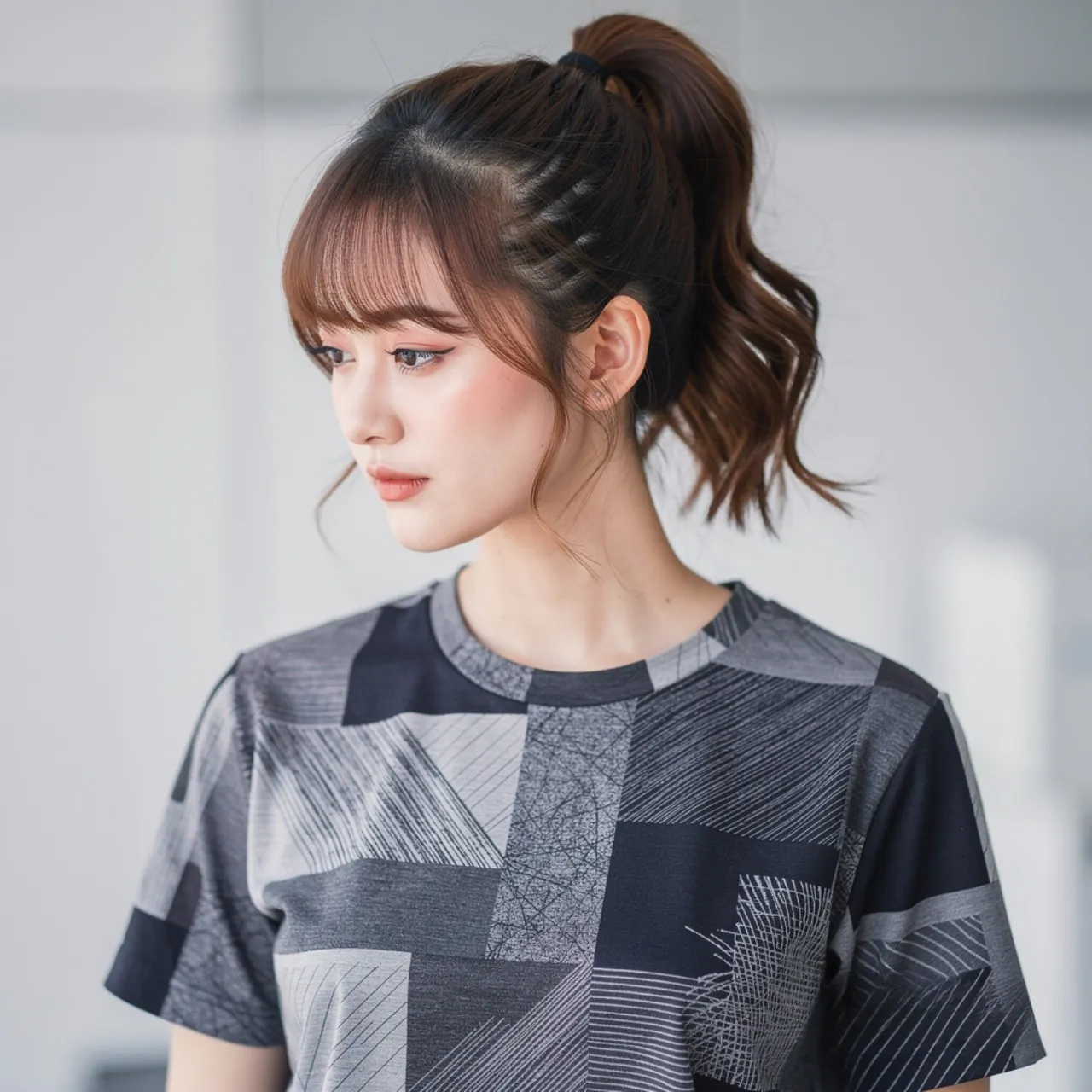 half up ponytail hairstyle with bangs square portr