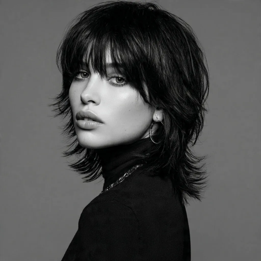 16 Wolf Cut with Bangs: Trendy Styles & Ideas 9 layered wolf cut hairstyle with bangs single portr