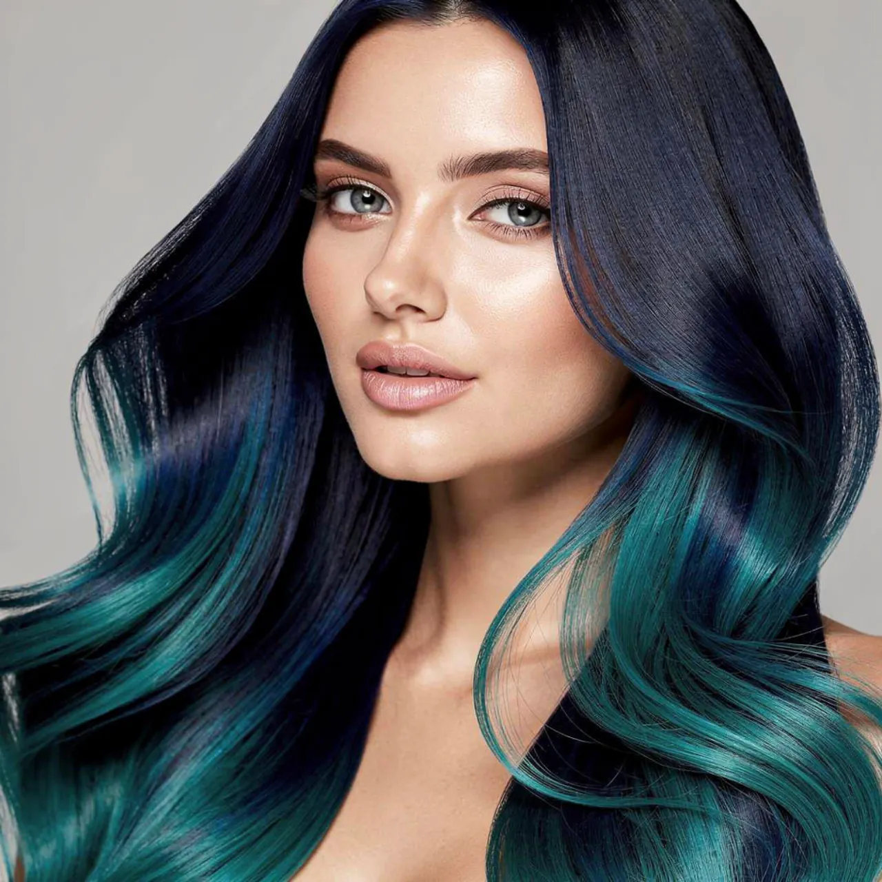 navy blue to teal ombre hair color single portrait