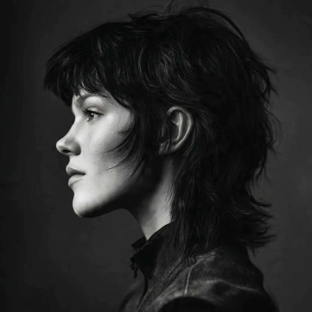 16 Wolf Cut with Bangs: Trendy Styles & Ideas 12 portrait of a person with a wolf cut hairstyle and