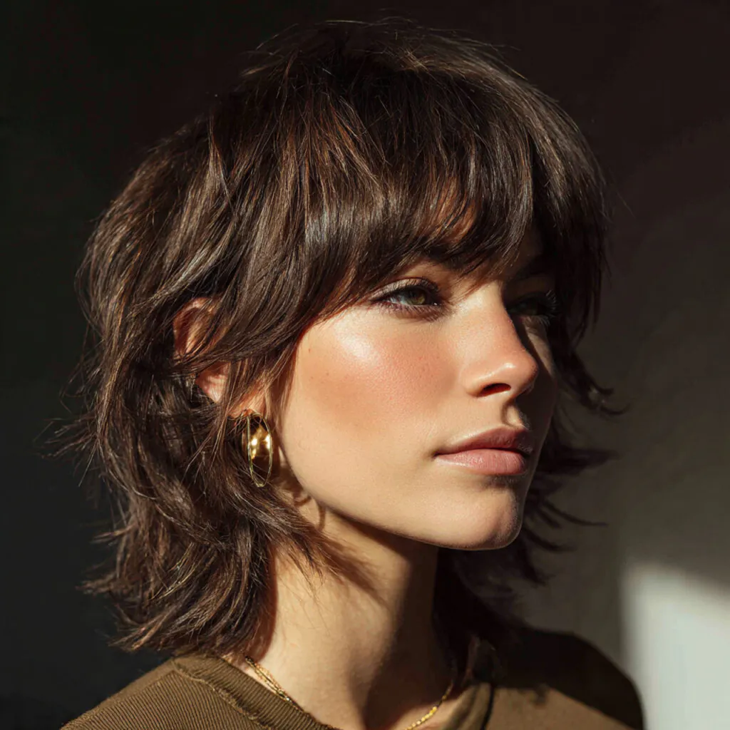 16 Wolf Cut with Bangs: Trendy Styles & Ideas 8 portrait of a woman with a trendy wolf cut hairsty