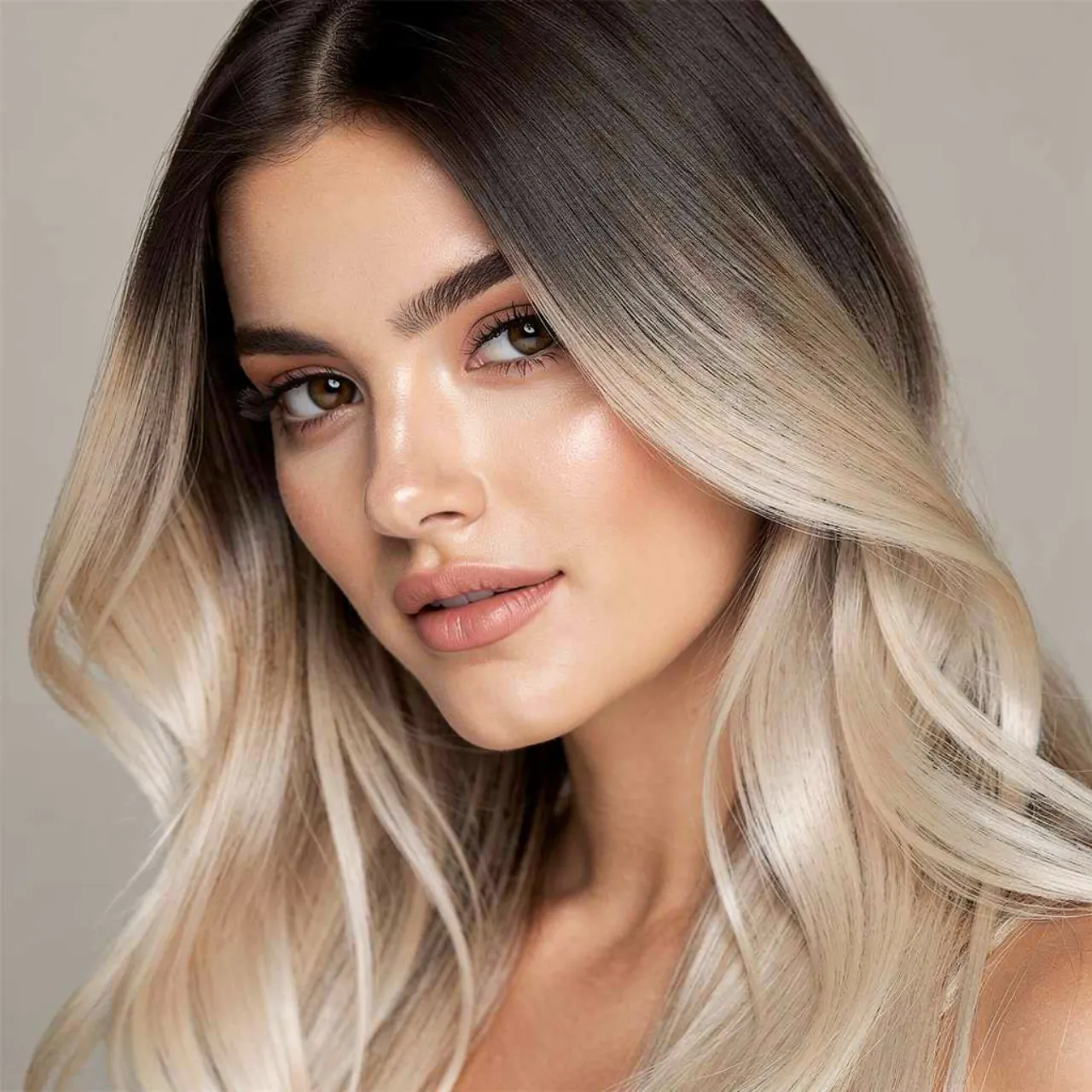 portrait of a woman with dark roots to platinum bl