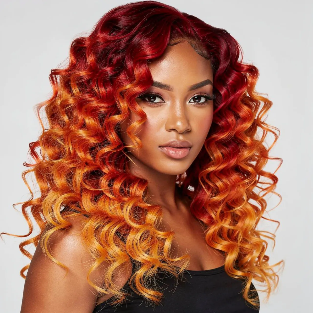 16 Trendy Curly Hair Color Ideas for Every Curl Type 11 portrait of a woman with vibrant fire ombre curls