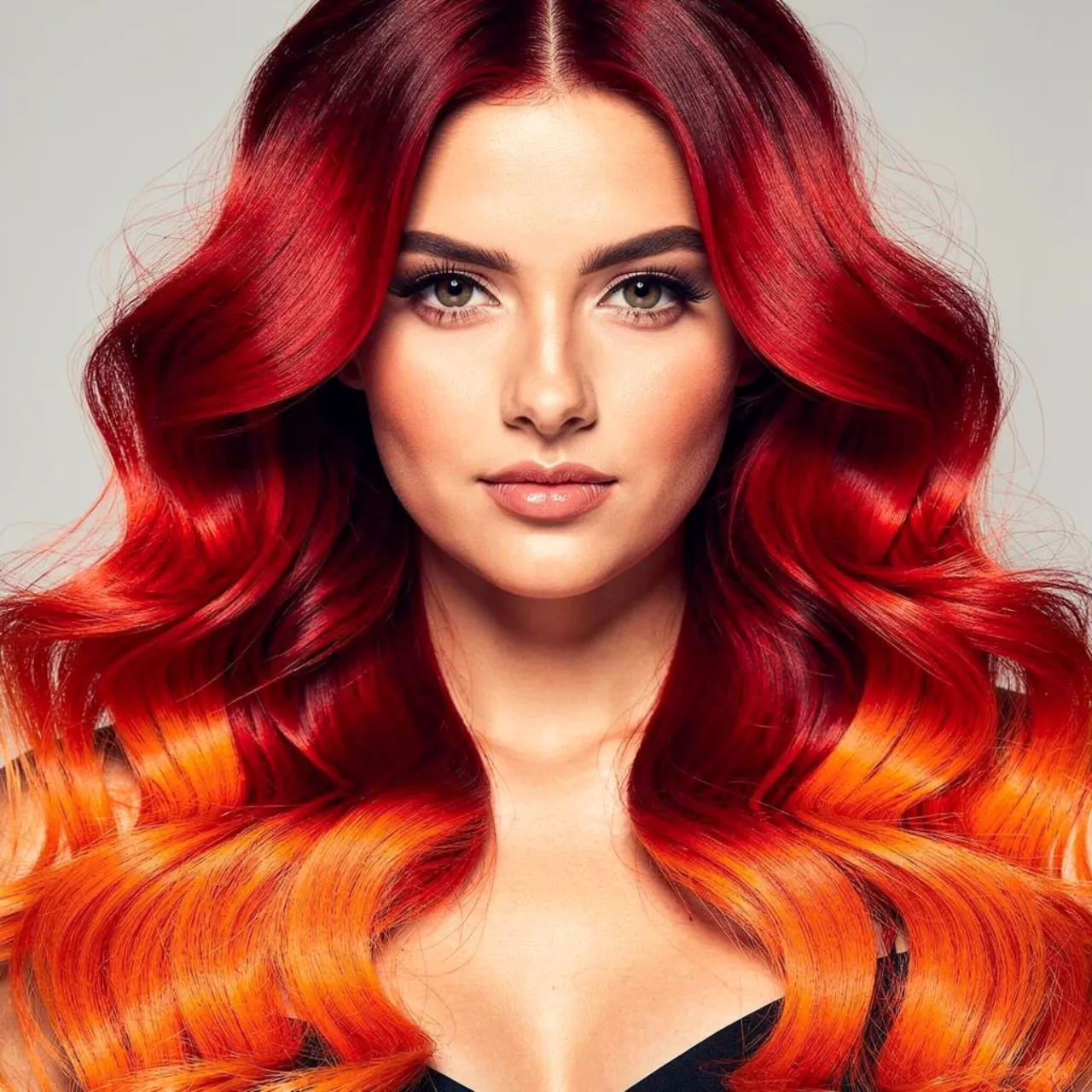 portrait of a woman with vibrant red to orange fir
