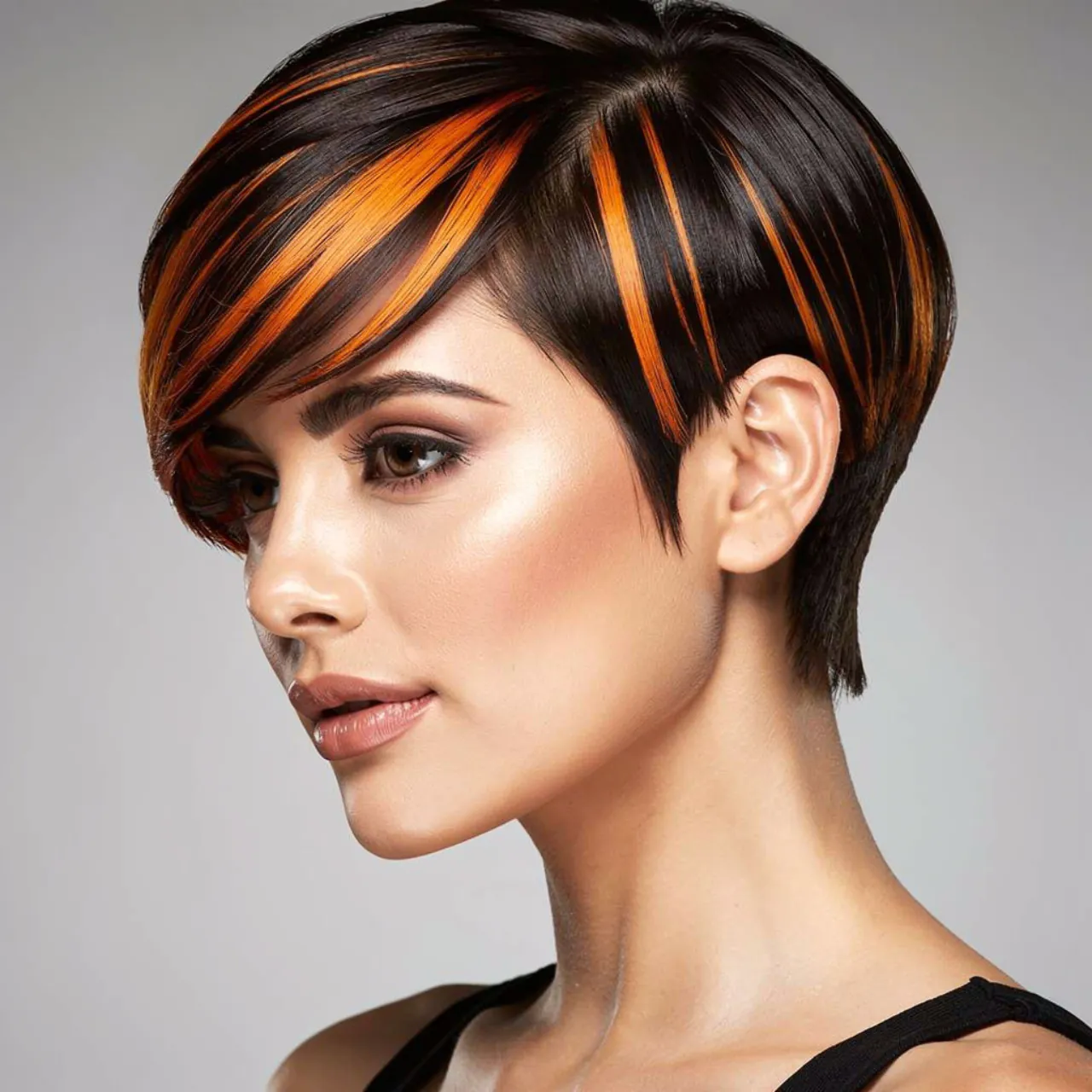 single picture of a woman with orange peekaboo hai