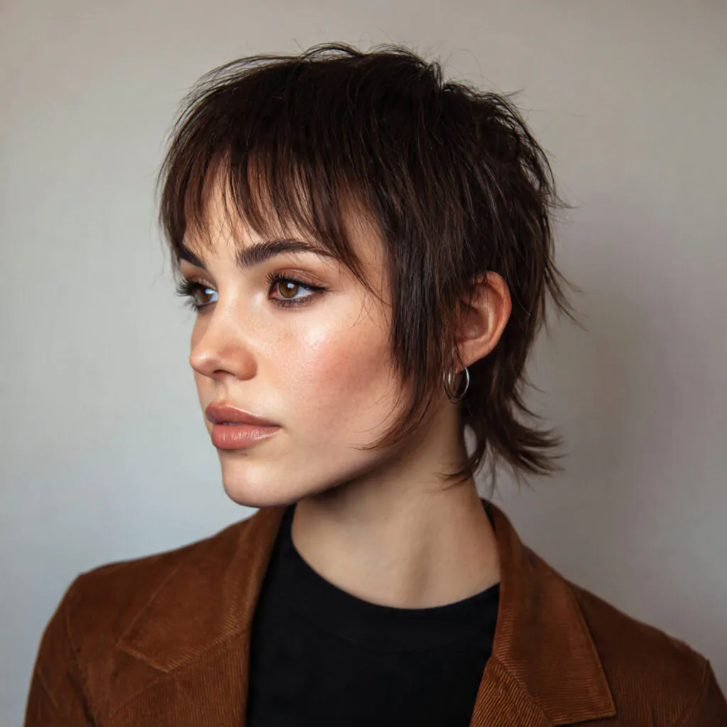 16 Wolf Cut with Bangs: Trendy Styles & Ideas 3 single portrait of a person with a short wolf cut