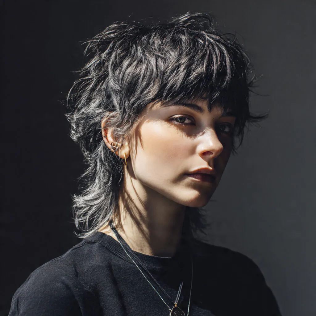 16 Wolf Cut with Bangs: Trendy Styles & Ideas 17 single portrait of a person with a wolf cut hairst