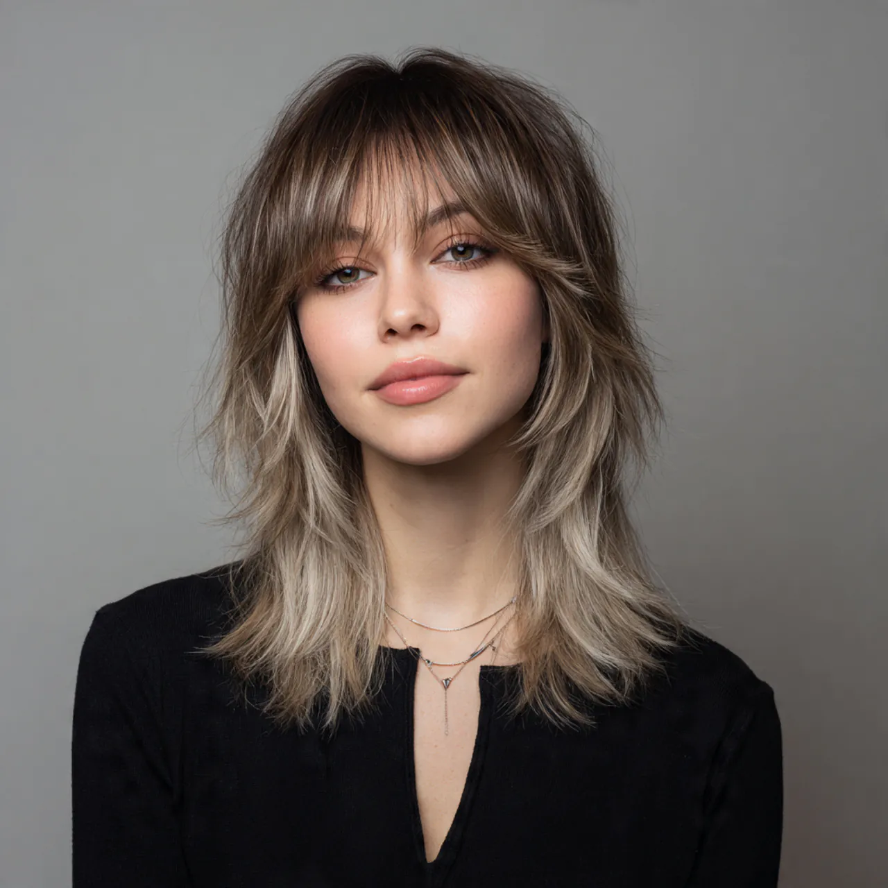 single portrait of a woman with a soft wolf cut ha