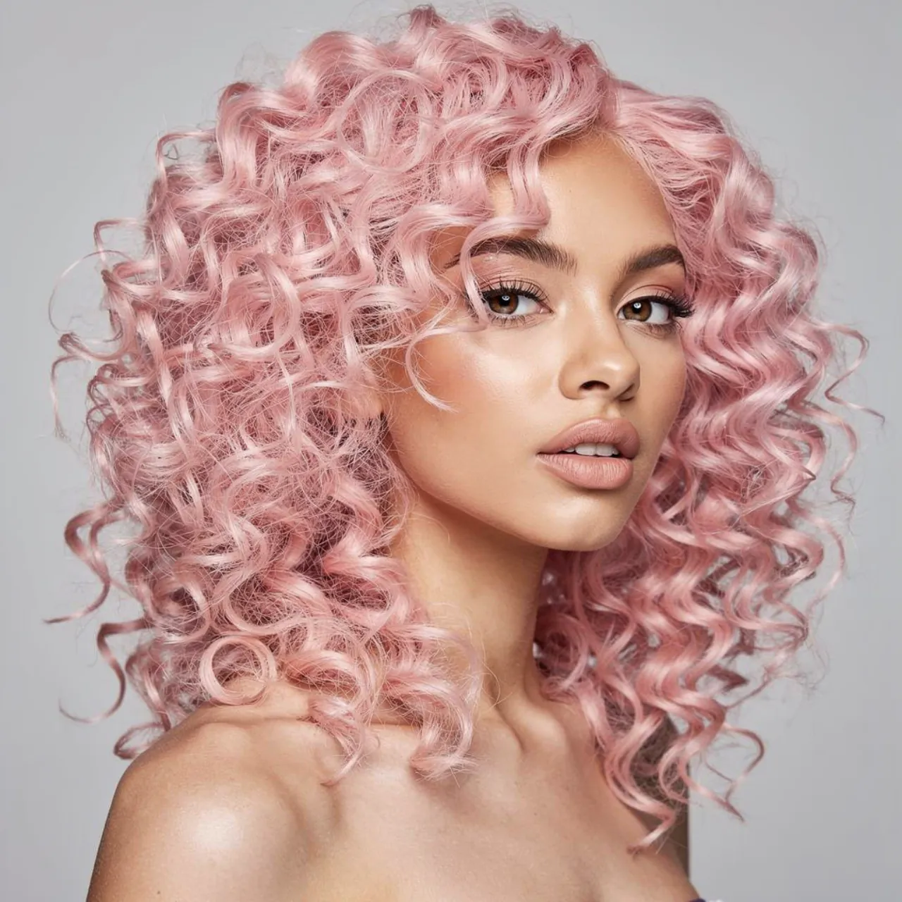 16 Trendy Curly Hair Color Ideas for Every Curl Type 8 single portrait of a woman with pastel pink hair c