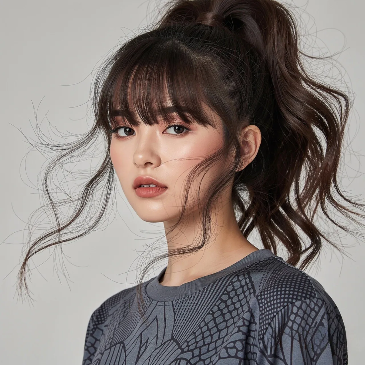 square portrait focus on wispy bangs high ponytail