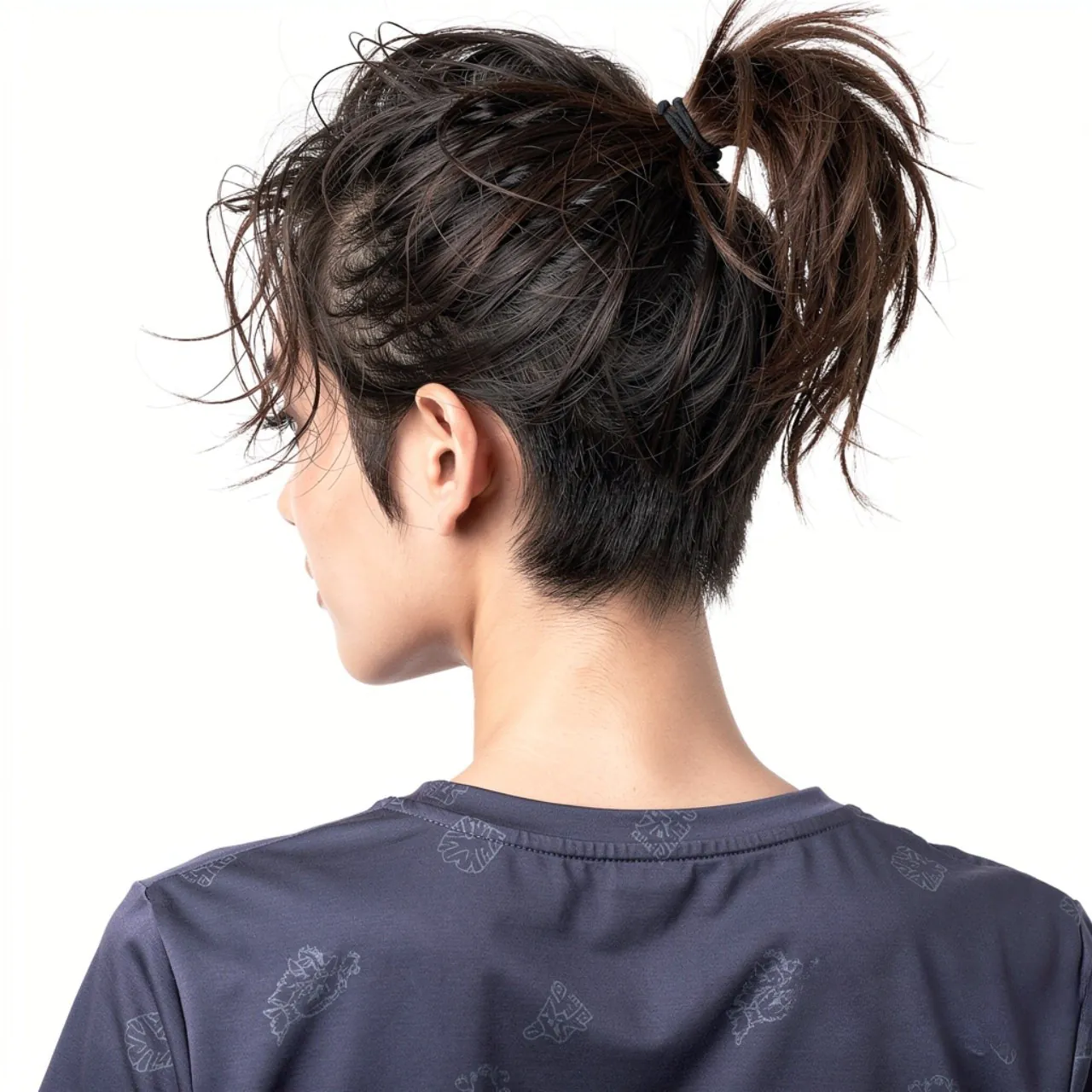 square portrait focusing on hair messy short ponyt