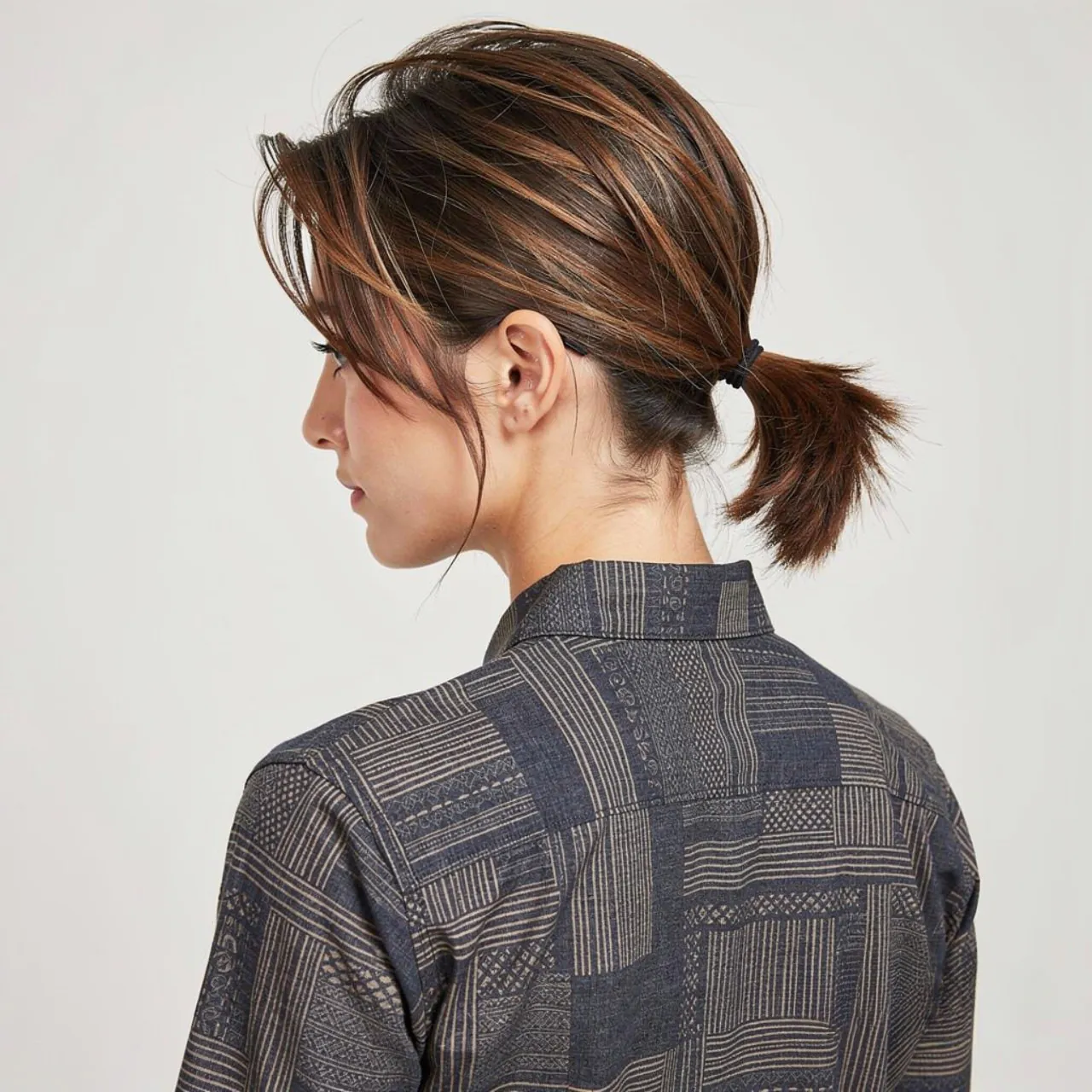 square portrait of a person with a side short pony