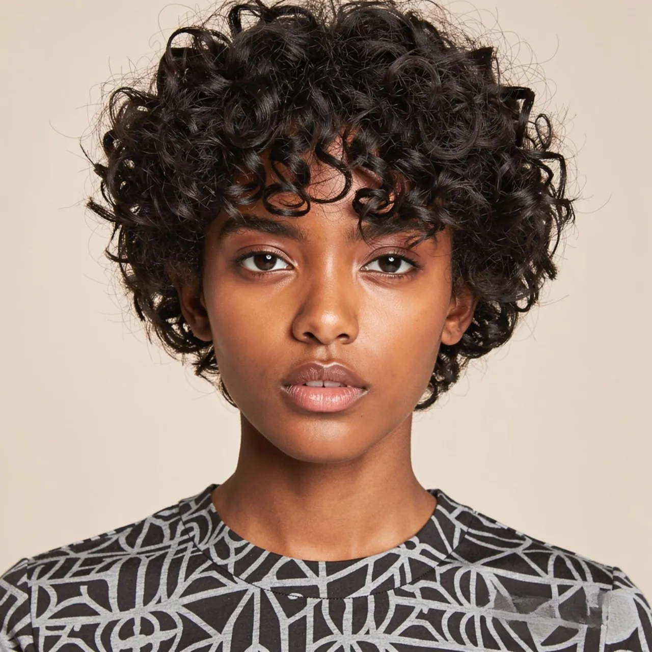 square portrait of a person with curly fringe natu