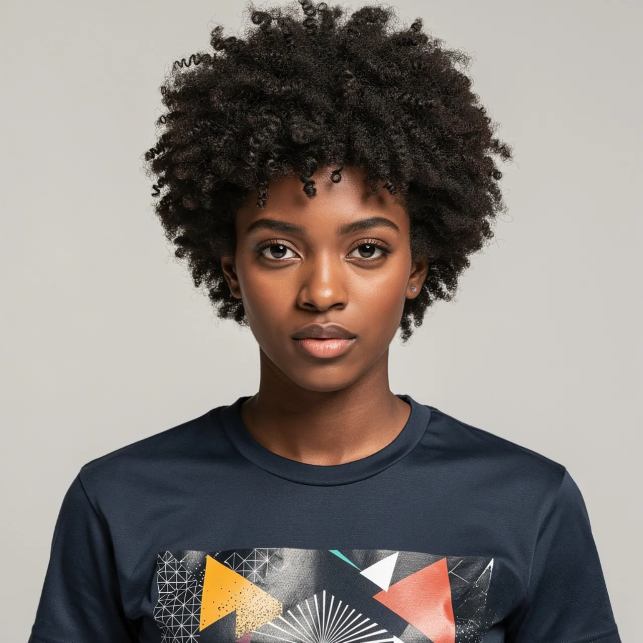 square portrait of a person with short afro natura