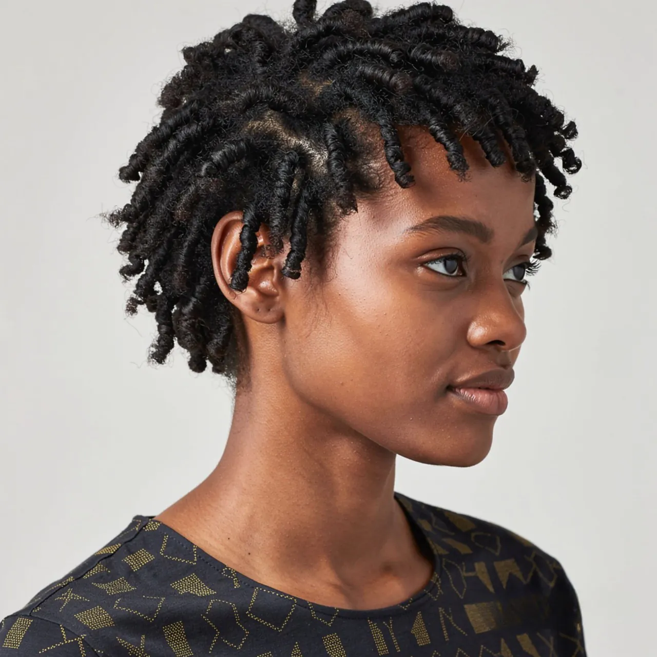 square portrait of a person with short finger coil
