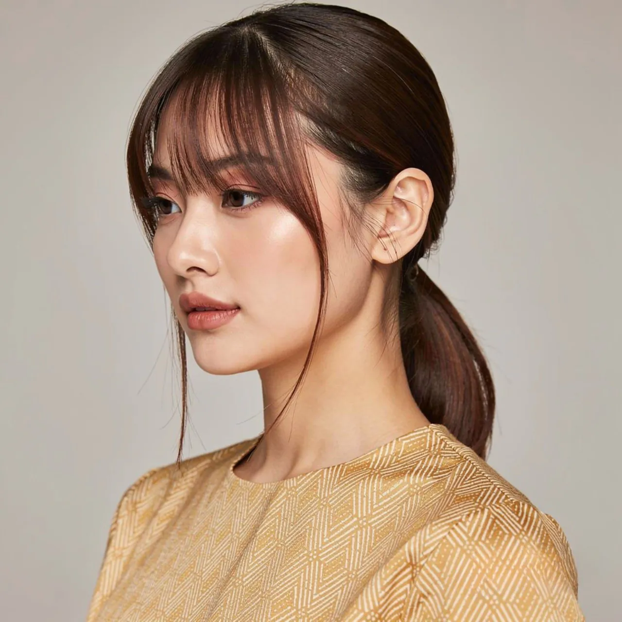 square portrait of a woman with low ponytail hairs