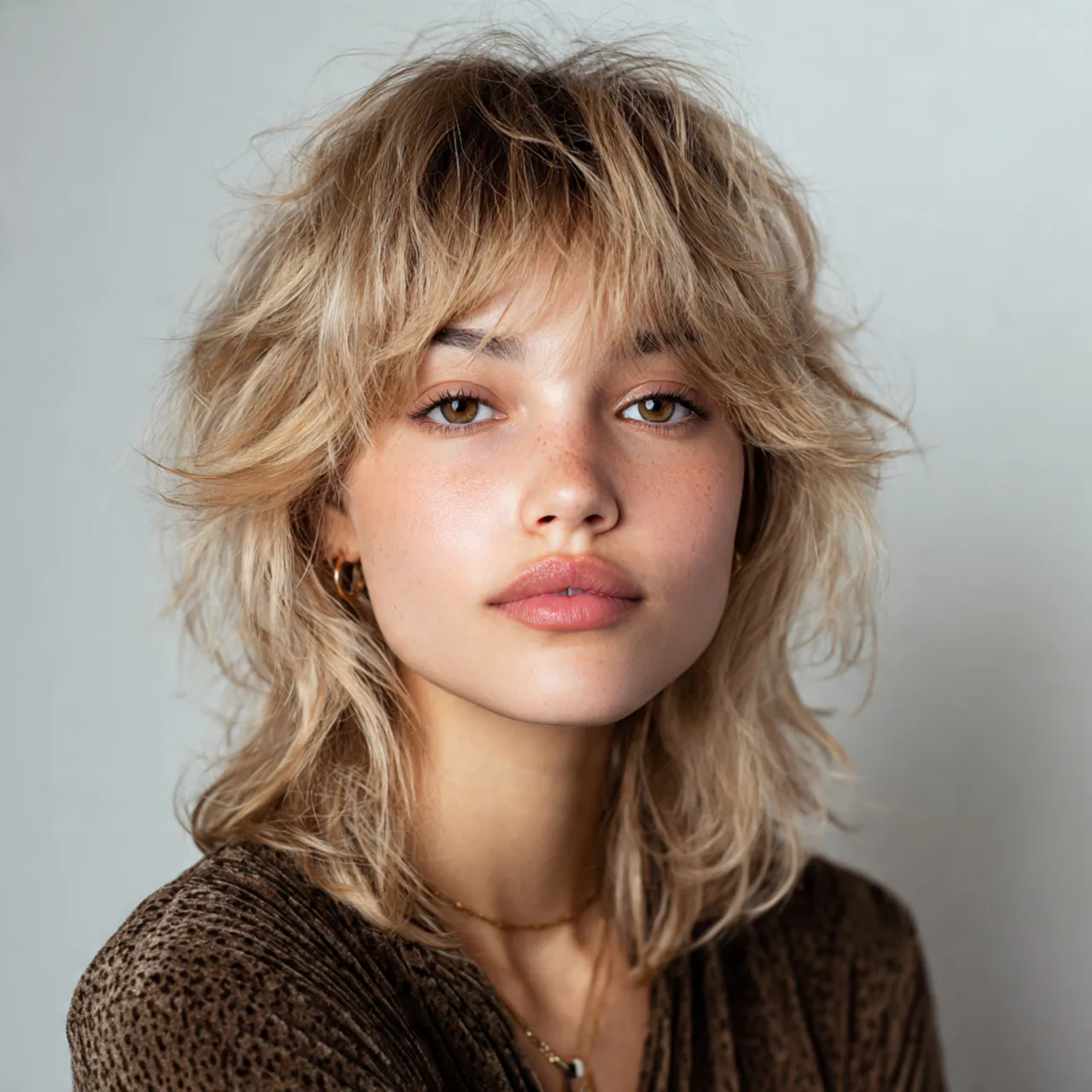 wolf cut hairstyle with curtain bangs single portr