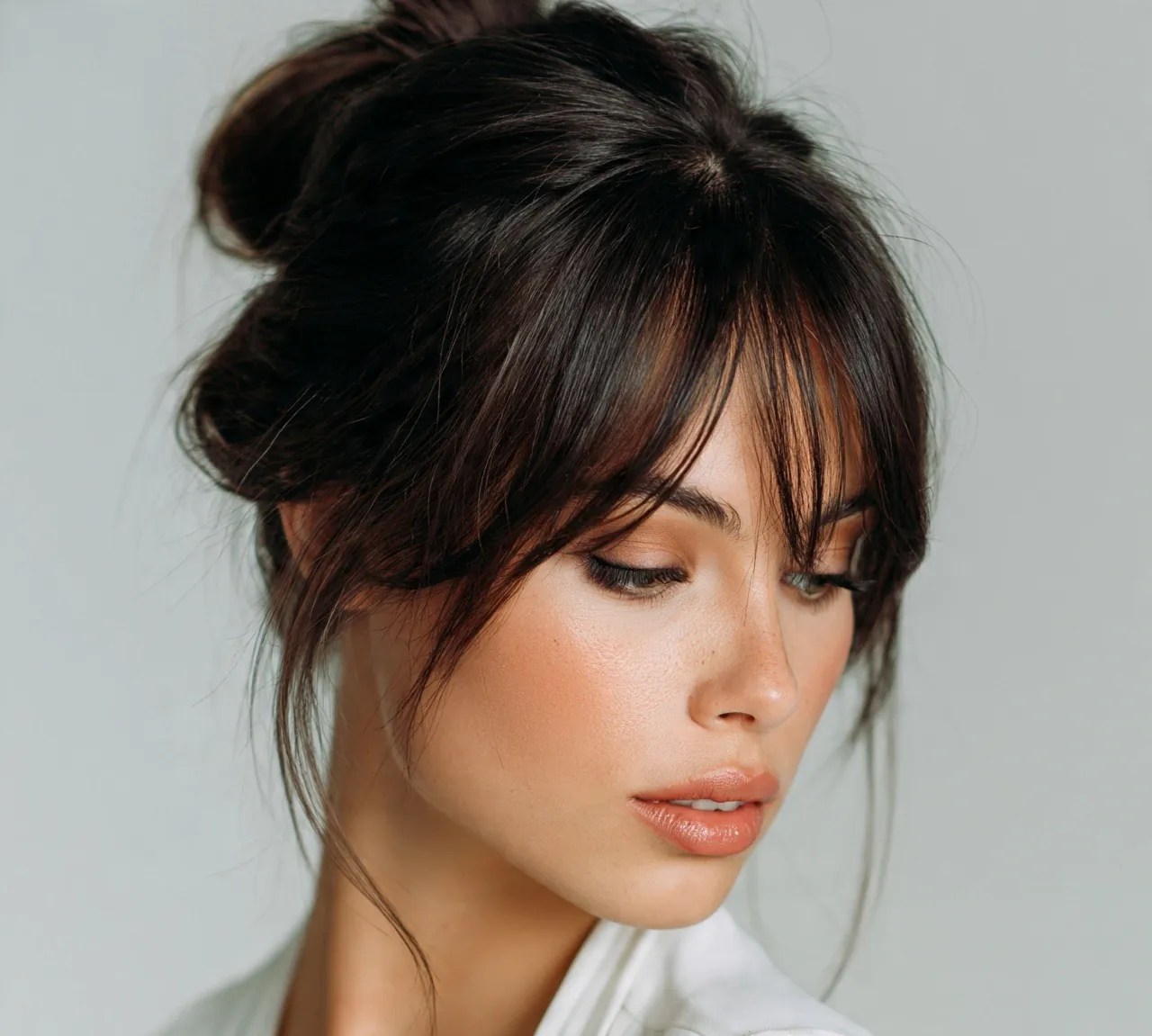 Bun Hairstyles: 13 Trendy Ideas for Every Hair Type 13 12. Low Bun with Curtain Bangs Hairstyles
