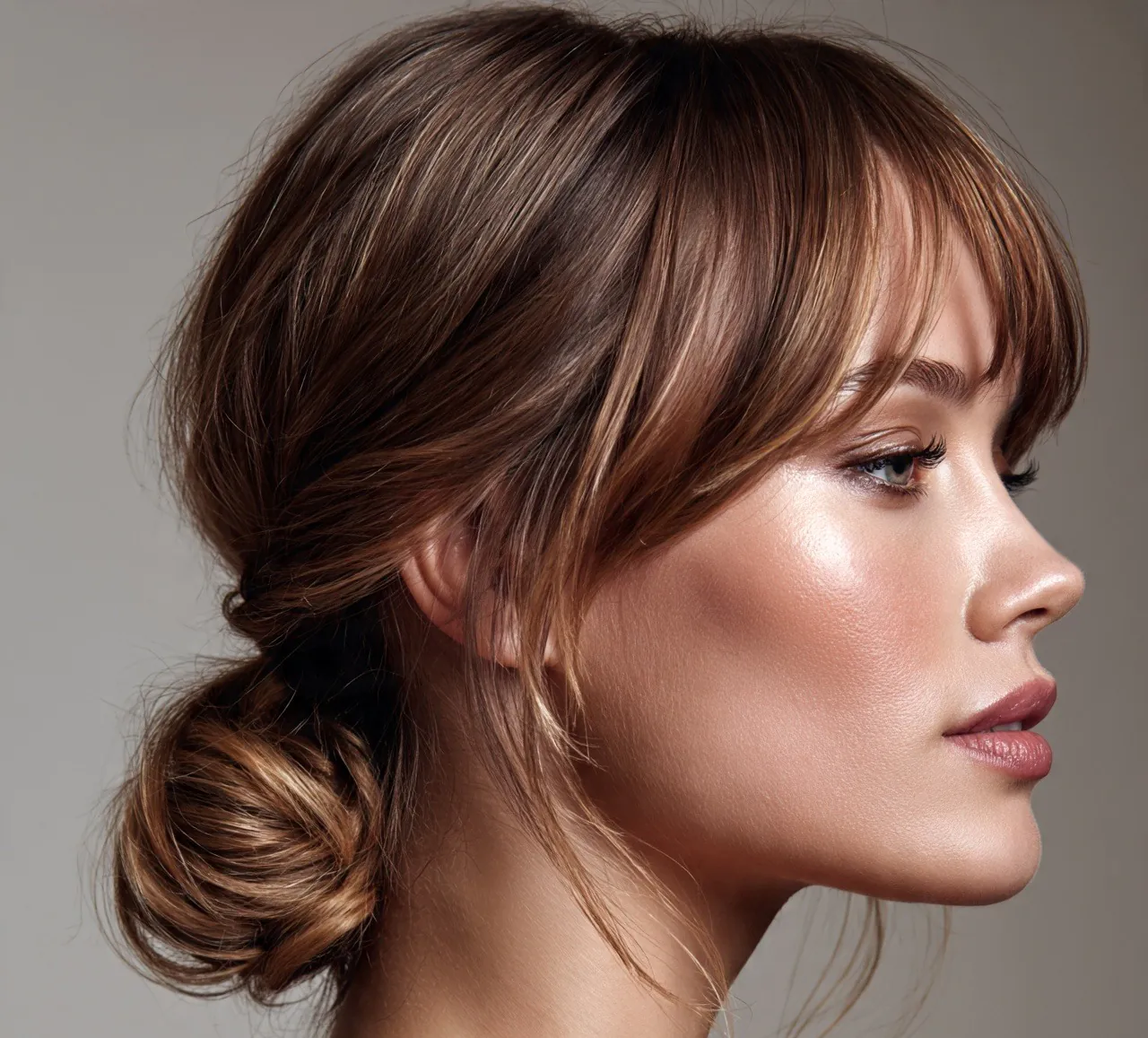 12. Low Twisted Bun with Bangs Updo Hairstyle