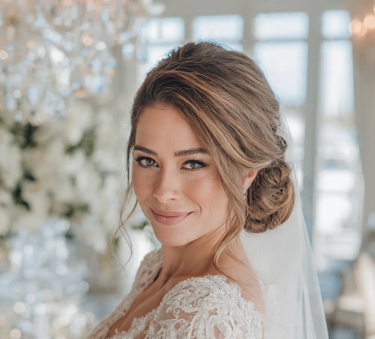 12. Side Bun with Veil Hairstyles