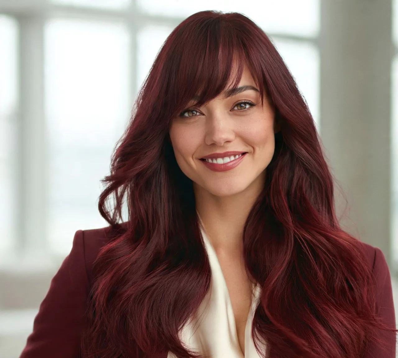 14 Trendy Burgundy Hair Color Ideas for Every Skin Tone 15 14. Burgundy Curtain Bang Moment Hair Color