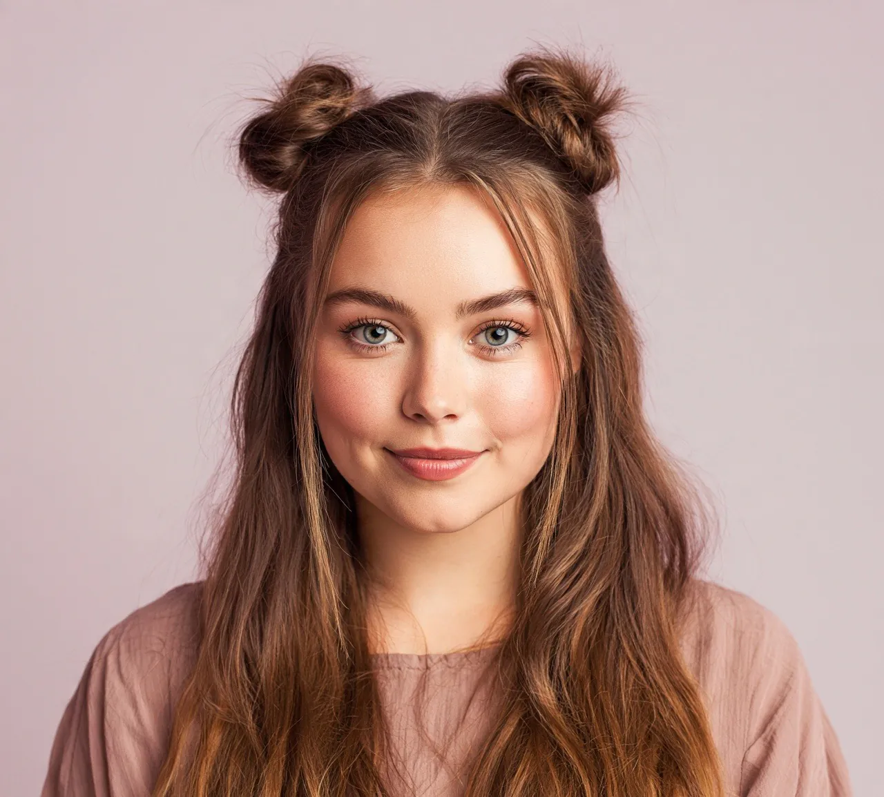 8. Half Up Space Buns Quick Hairstyle For Long Hair
