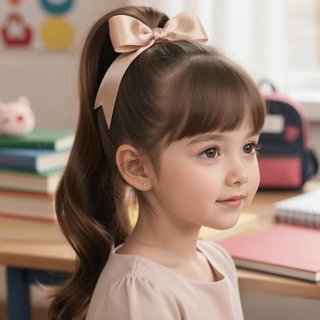 Classic High Ponytail with Ribbon Little Girl Hairstyle