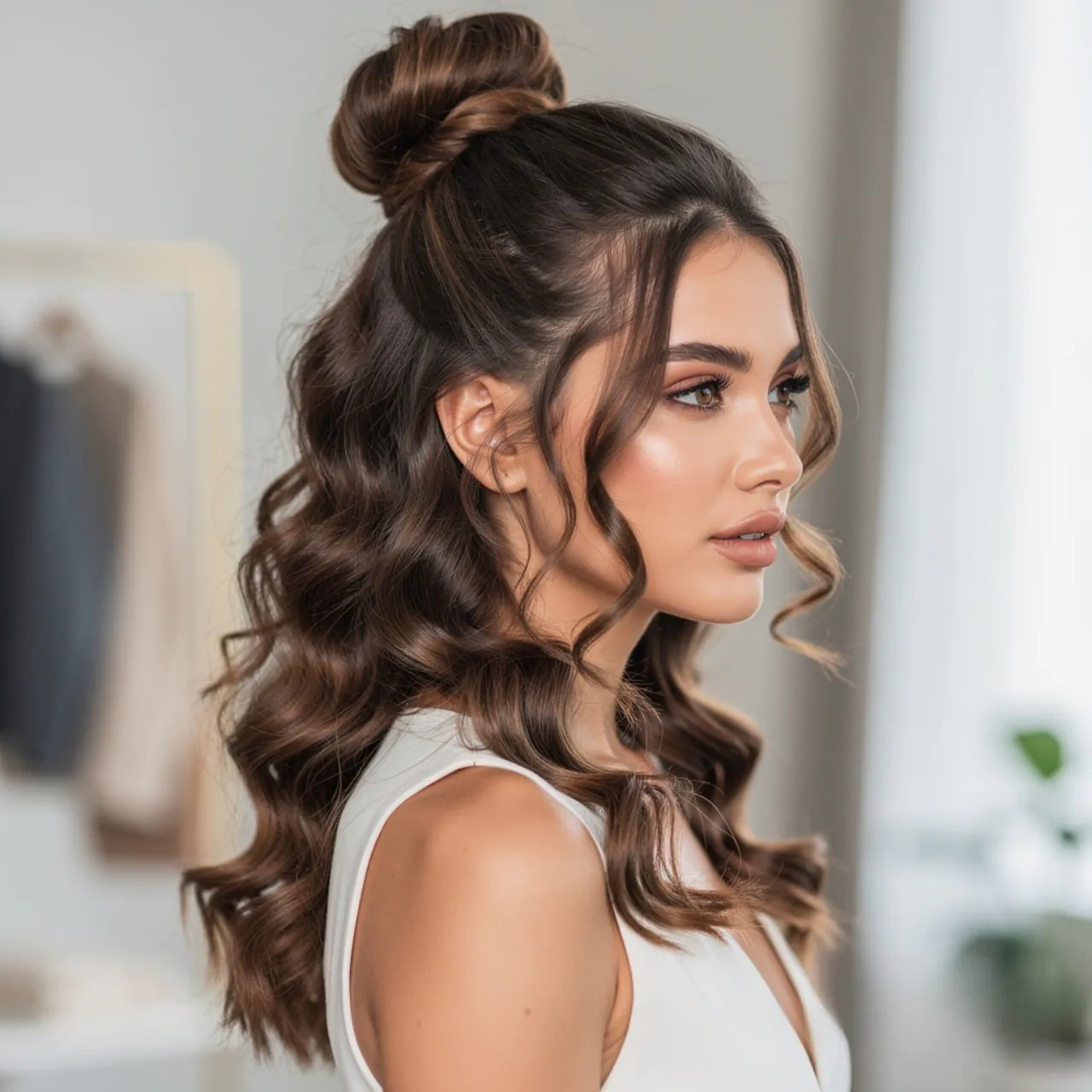 Curly Half Up Bun Easy Hairstyle