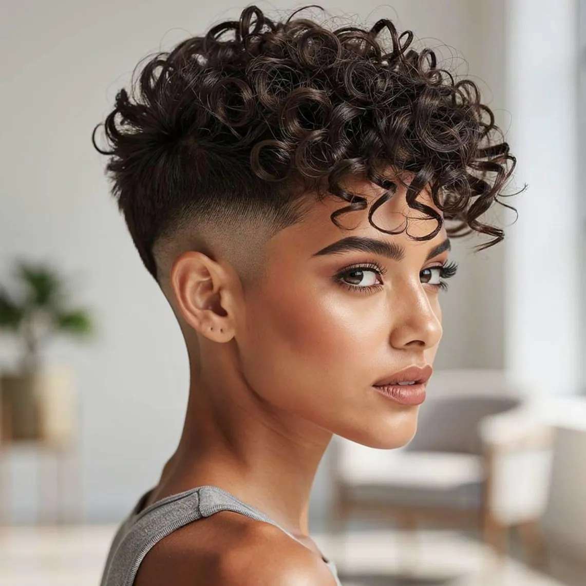 Curly Pixie with Long Top and Short Sides