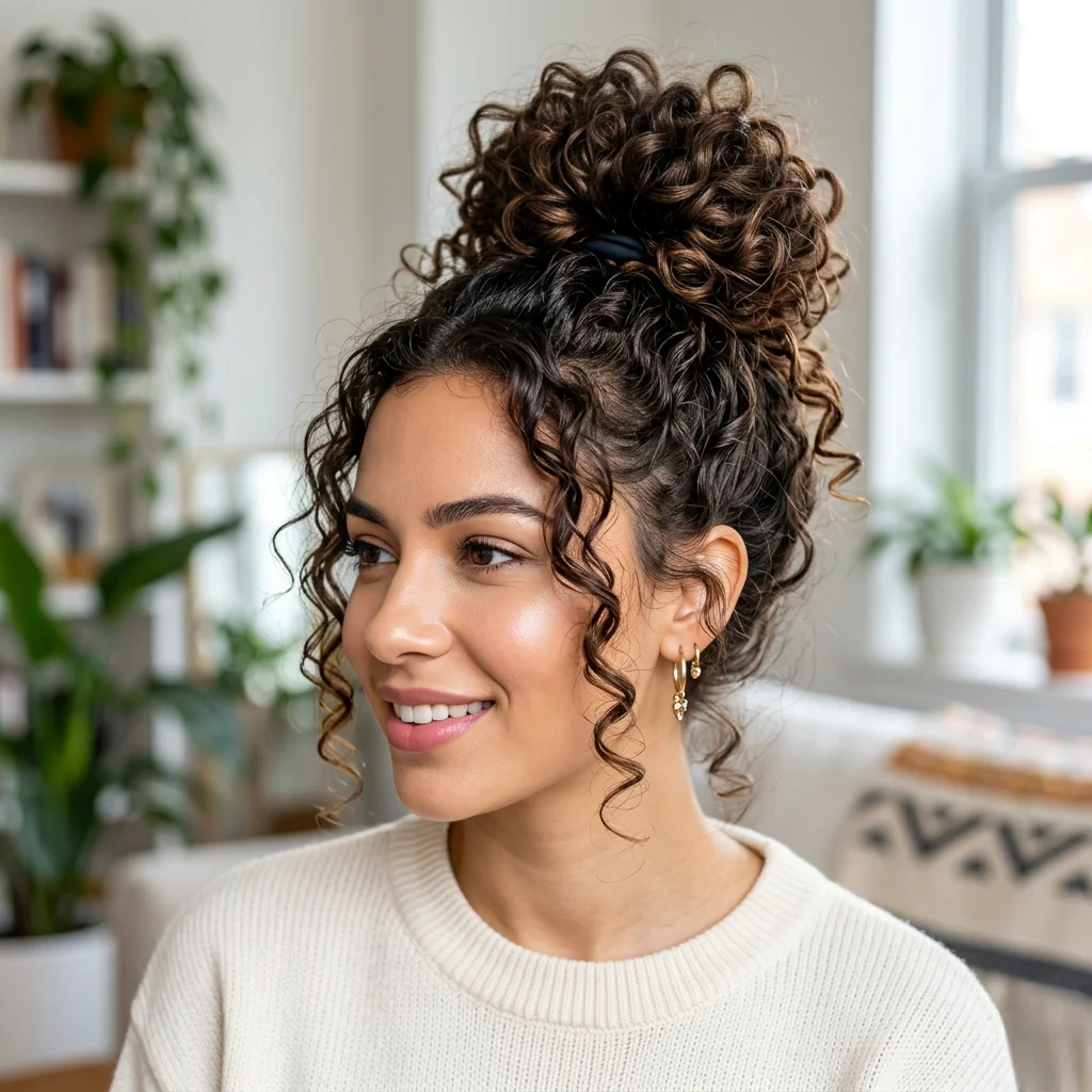 Curly Top Knot Easy Hairstyle