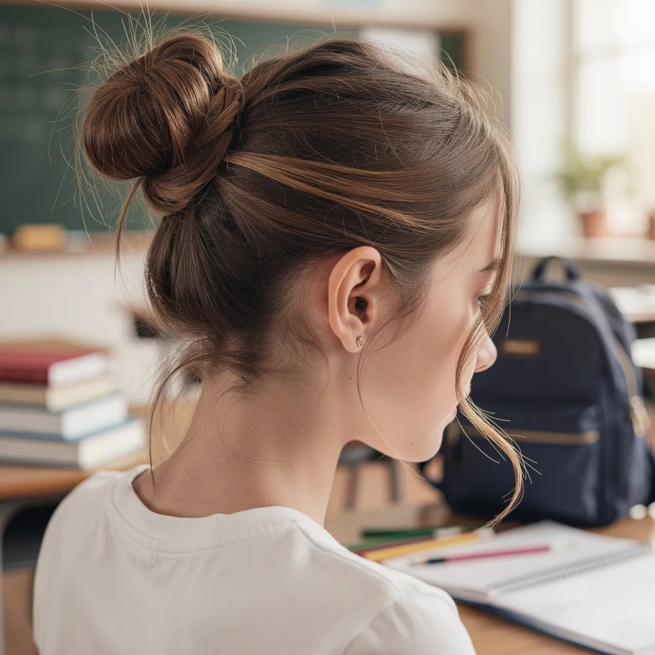 13 Trending Easy School Hairstyles for Busy Mornings 8 Low Messy Bun with Strands Easy School Hairstyle