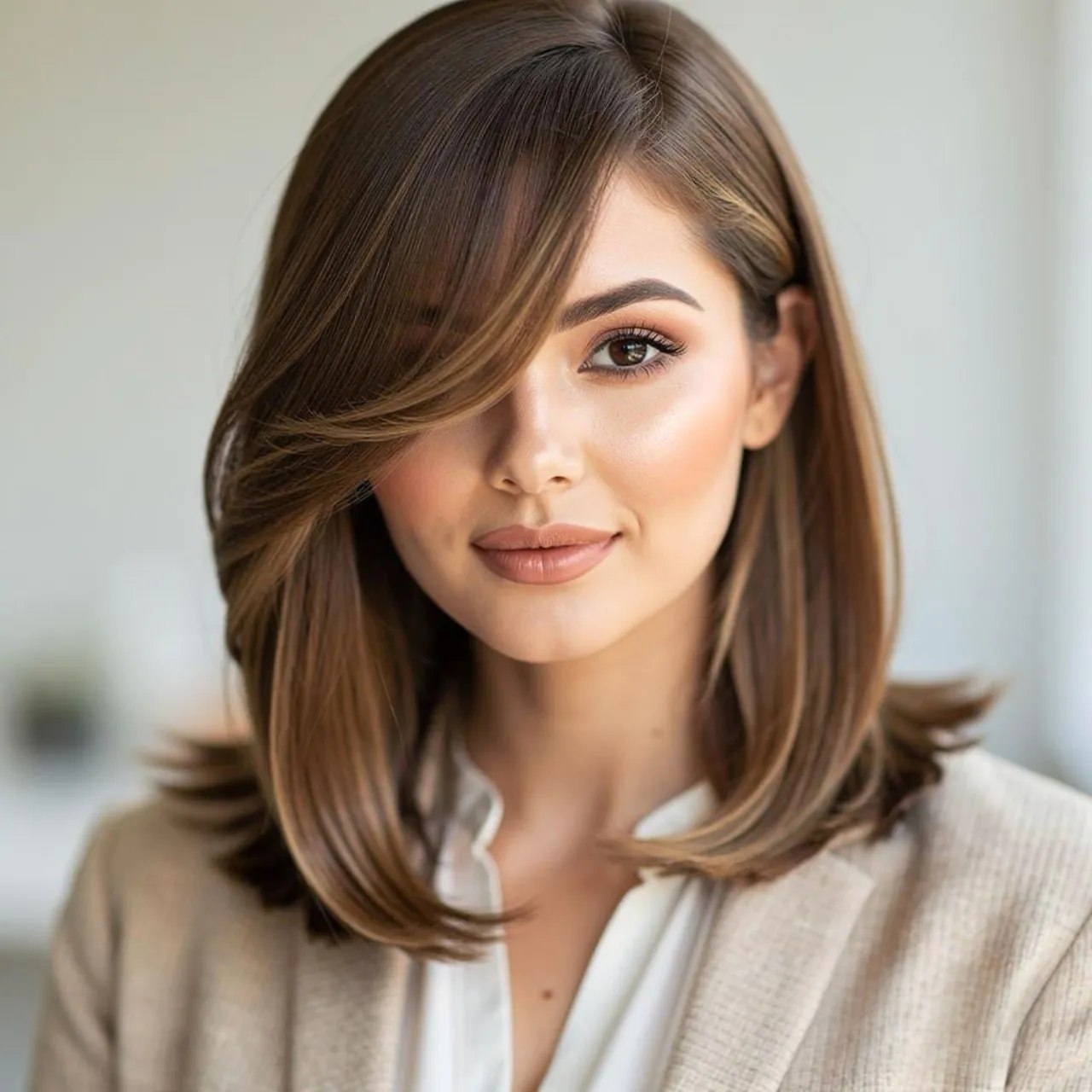 Side-Swept Bang at Medium Length Hairs