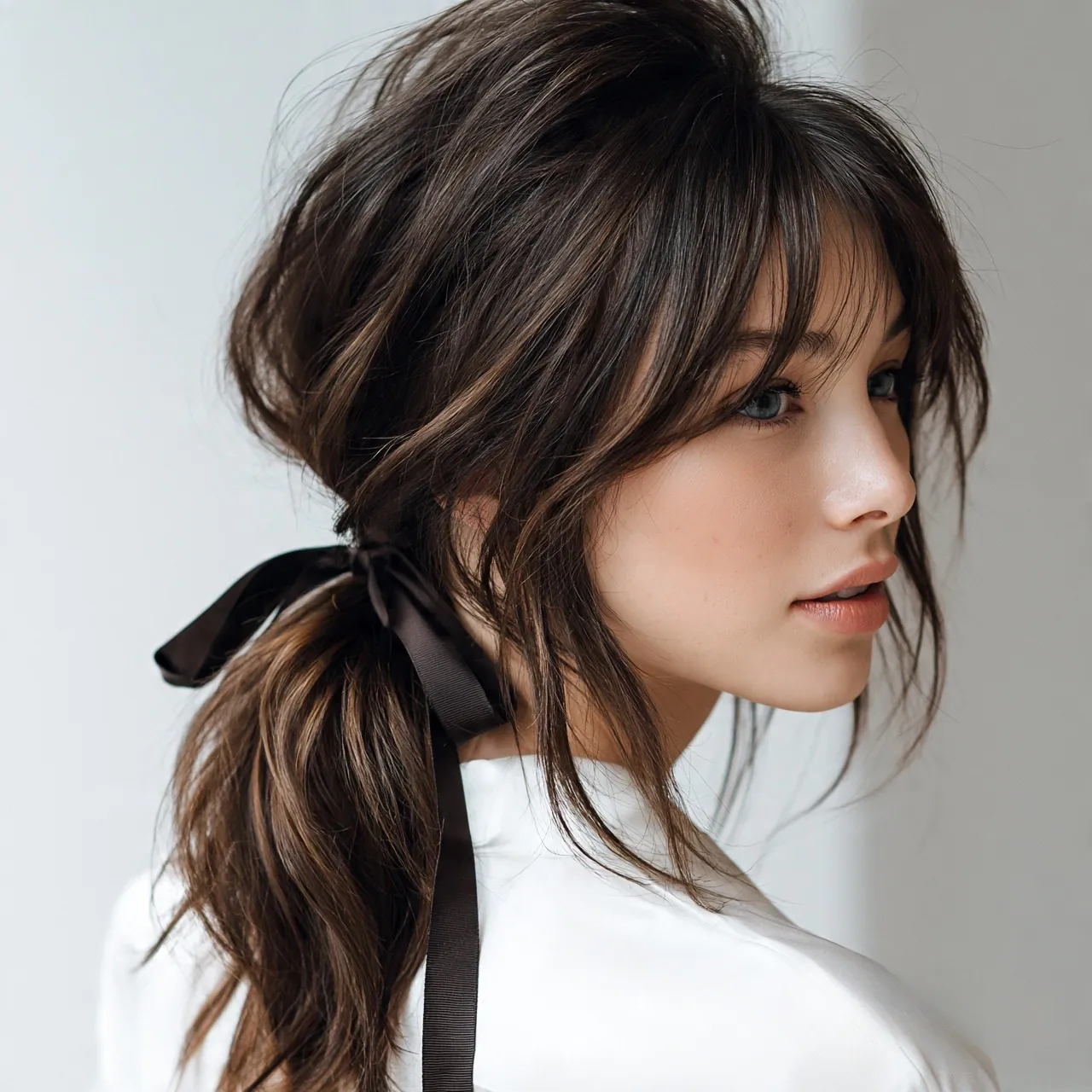 Soft Low Ponytail with Ribbon Cute Easy Hairstyle