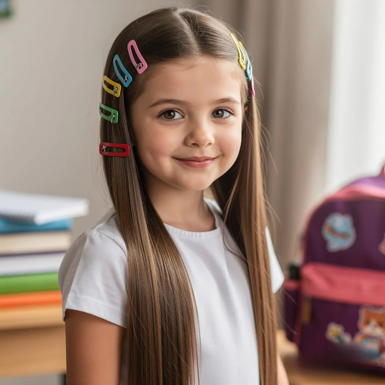 Straight Hair with Hair Clips Little Girl Hairstyle