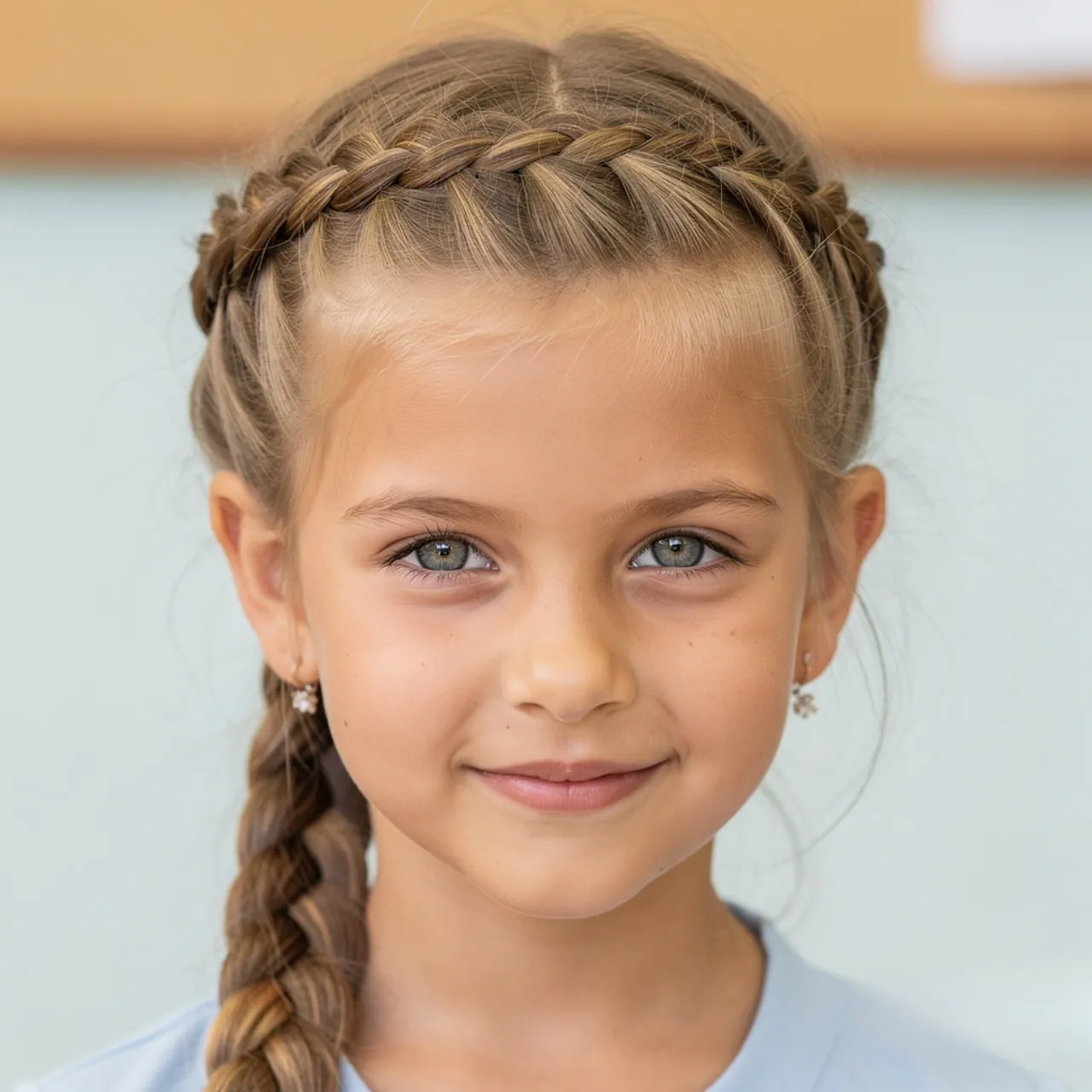 a single photo of a school kid with a dutch braid