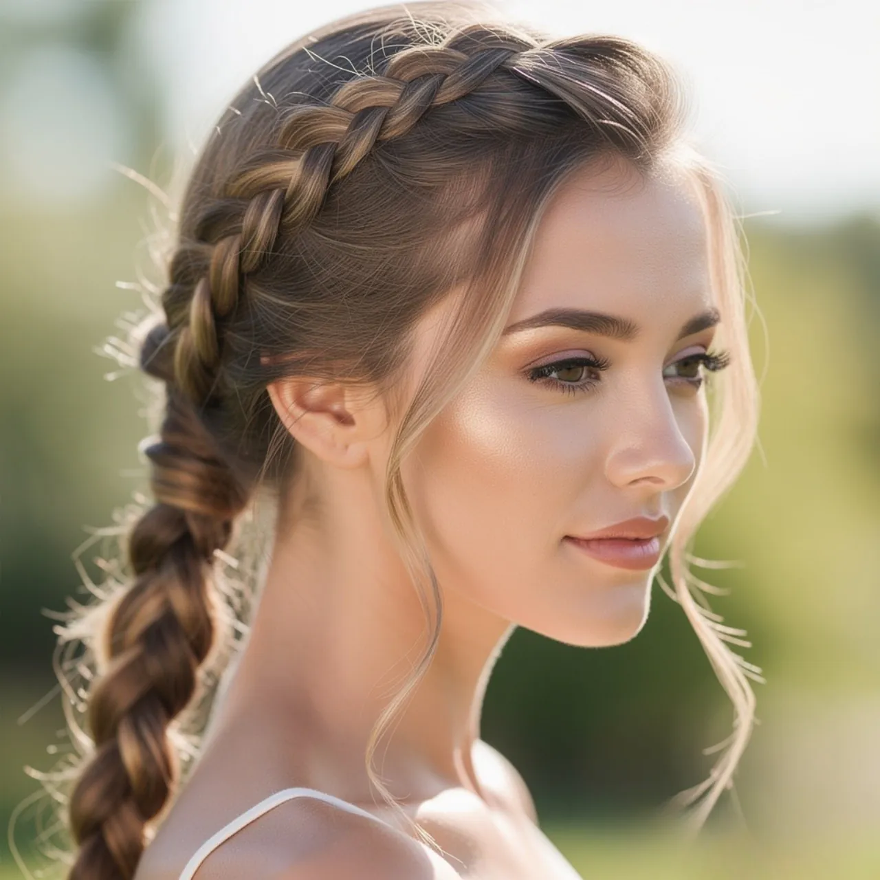 a single photo of a woman with a side swept braid