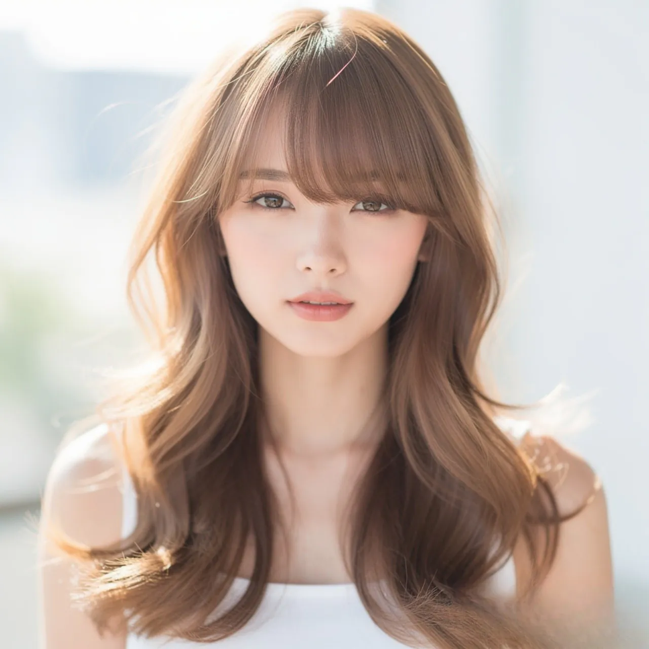 a single photo of a woman with curtain bangs and l