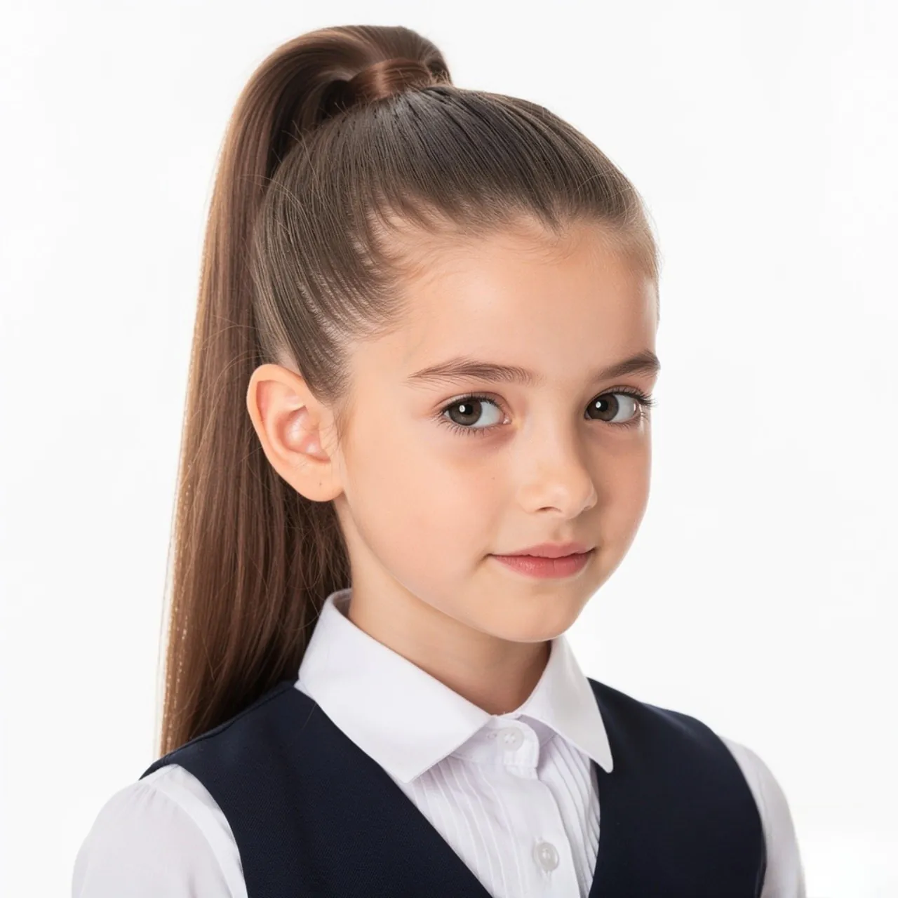 single photo of a school girl with a high ponytail