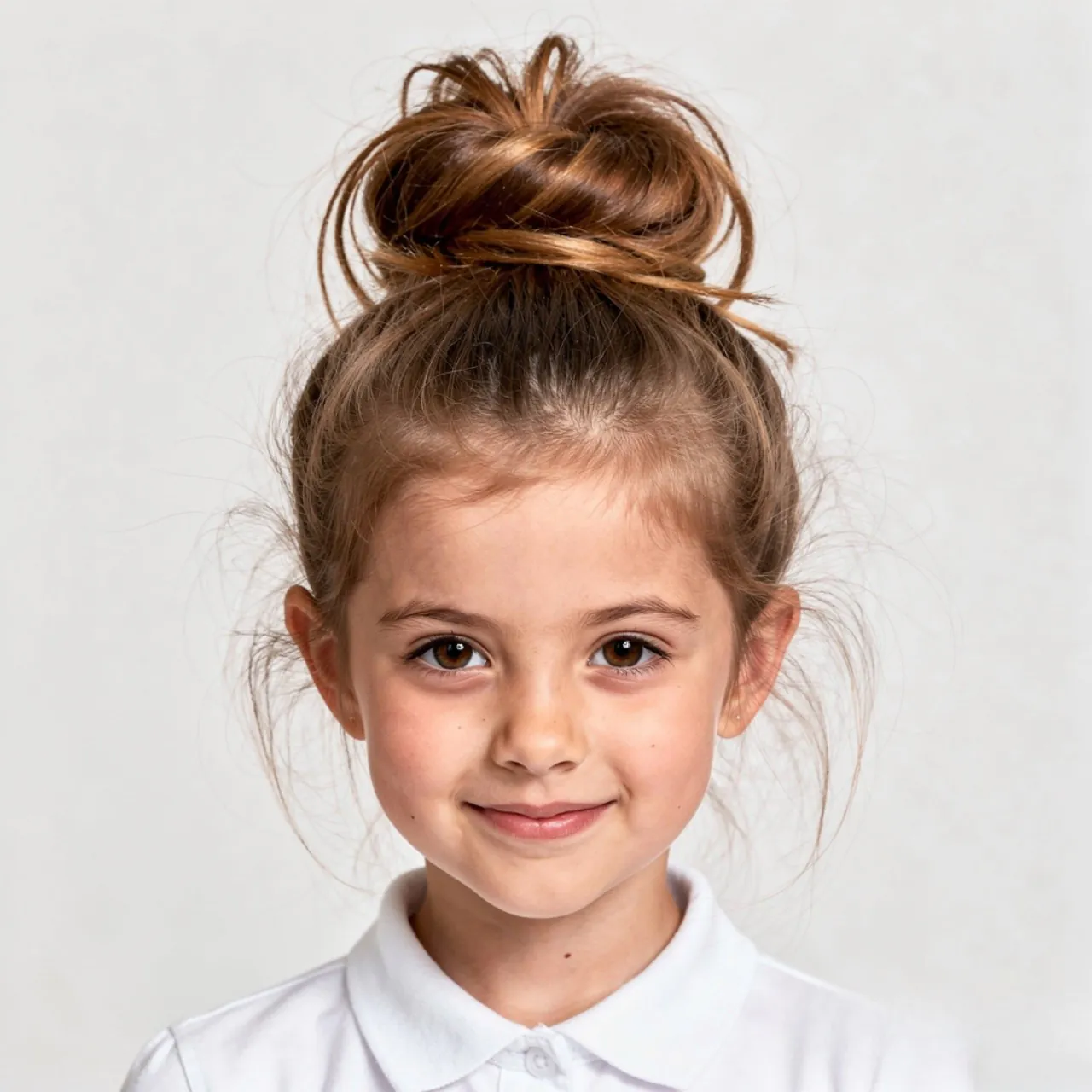 single photo of a school girl with a messy bun hai