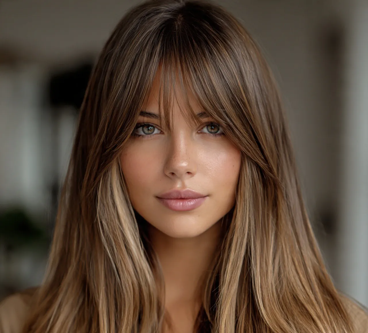 Straight Hair with Wispy Curtain Bangs and Highlights